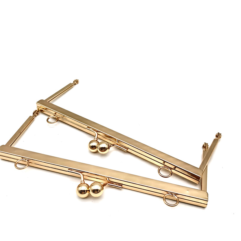 Right angle rectangular shape light gold & silver 19.5cm round ball kiss lock purse clip metal frame