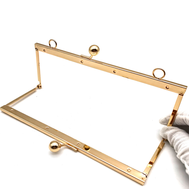 Right angle rectangular shape light gold & silver 19.5cm round ball kiss lock purse clip metal frame