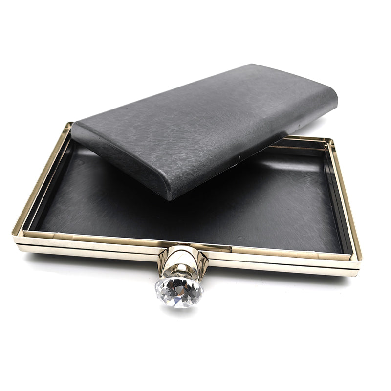 Thin Model Rectangular Shape Diamonds Head Decoration Light Gold Purse Metal Frame With Plastic Box 7.9 x 4.8 Inch