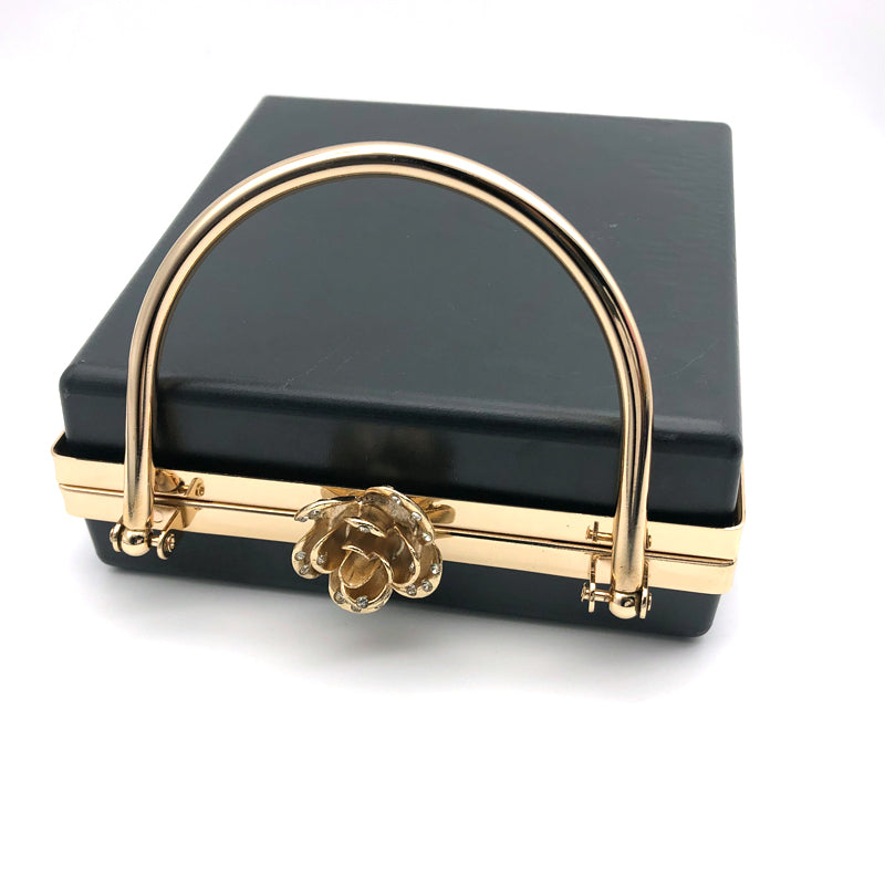 Rectangle Shape Light Gold Flower Lock Head Decorated Bag Accessories Metal Frame Clip Plastic Shell For Purse