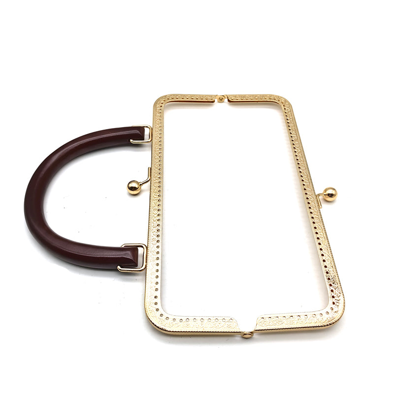 Popular style wooden handle embossing pattern make holes clutch bag metal frame 25.5CM