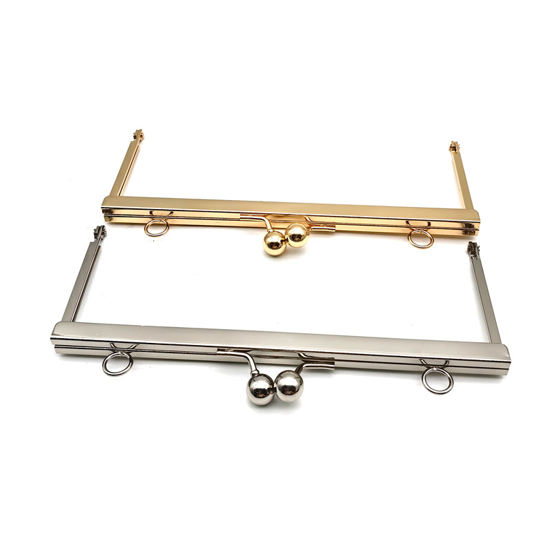 Right angle rectangular shape light gold & silver 19.5cm round ball kiss lock purse clip metal frame