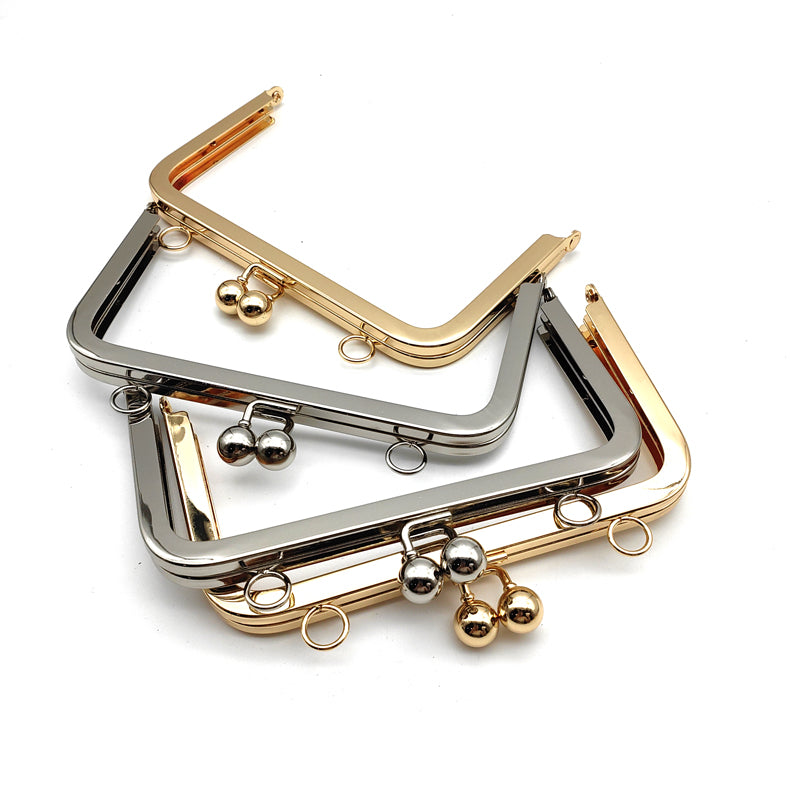 Simple generous style light gold & silver 15.5cm double ball kiss lock purse clasp metal frame with o ring decoration